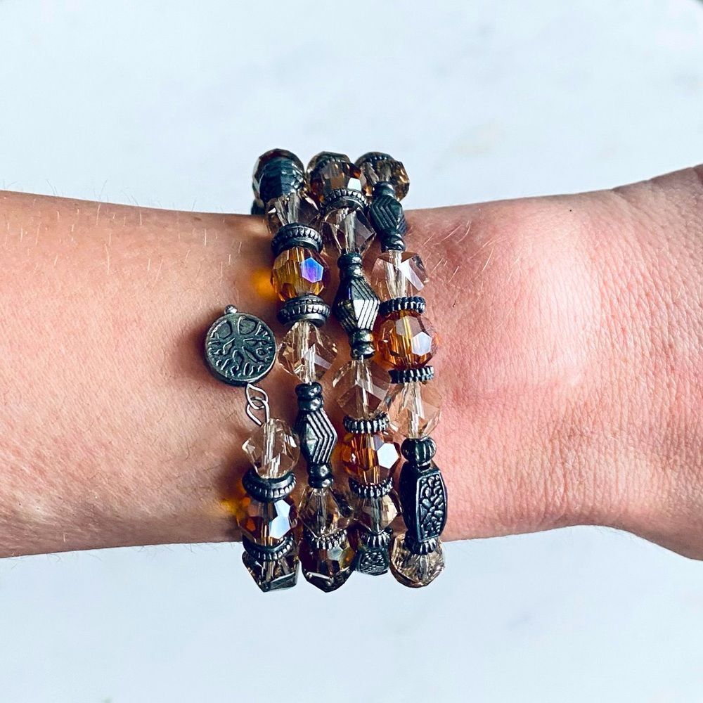 Crystal Bead Bracelet Wrap Cuff Jewelry Women Silver Brown Graphite Boho NWT